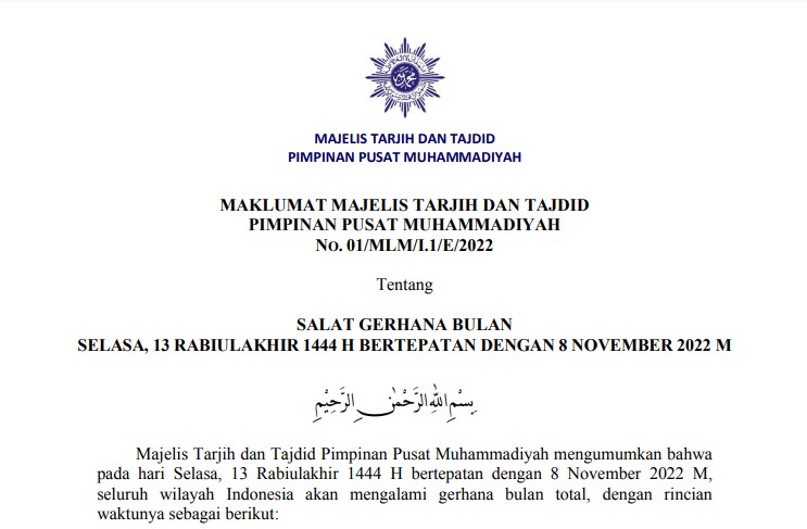 Maklumat Gerhana Bulan Majelis Tarjih dan Tajdid PP Muhammadiyah